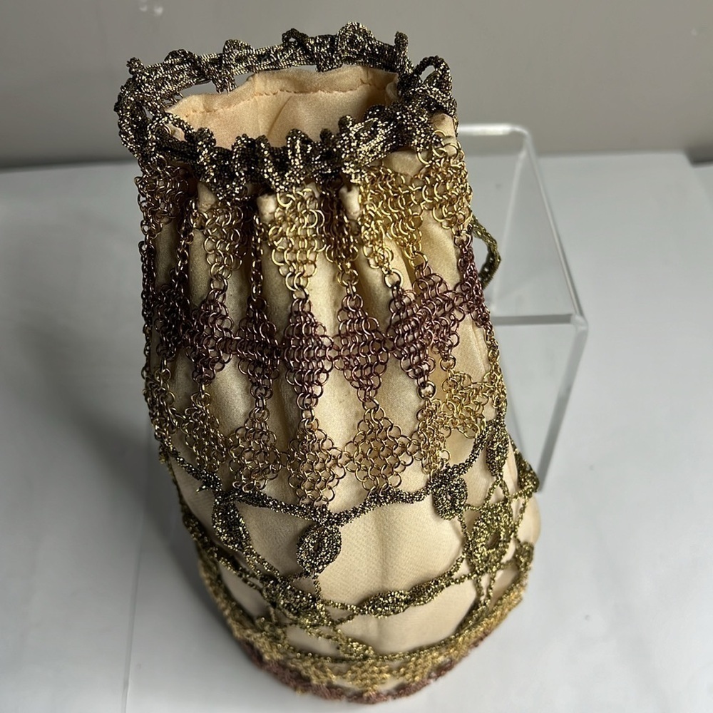 Nancy Bacich Metal Chain and Gold Metallic Gold Pewter Thread Cinch Hand Bag